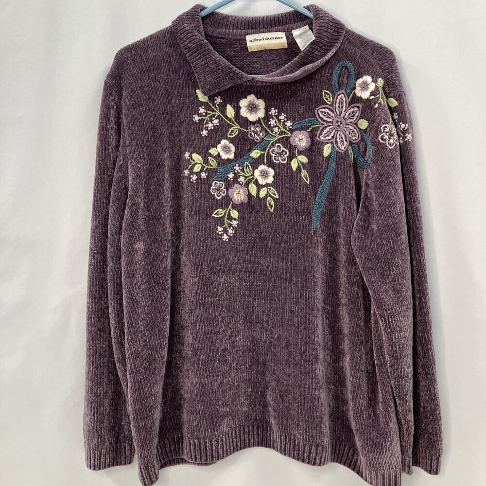 Alfred Dunner Purple Chenille Sweater 1X Cottagecore Floral Embroidered Vintage